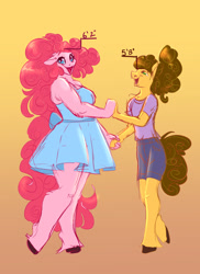 Size: 1400x1925 | Tagged: safe, artist:unfinishedheckery, imported from derpibooru, cheese sandwich, pinkie pie, anthro, earth pony, unguligrade anthro, breasts, cheesepie, clothes, digital art, dress, duo, female, looking at you, male, open mouth, shipping, shirt, shorts, straight, tail, thighs