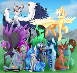 Size: 5290x5000 | Tagged: safe, artist:ermy-poo, imported from derpibooru, oc, oc only, alicorn, pony, unicorn, alicorn oc, choker, clothes, horn, outdoors, scarf, spread wings, wings