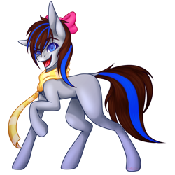 Size: 3000x3000 | Tagged: safe, artist:ermy-poo, imported from derpibooru, oc, oc only, oc:breezy, earth pony, pony, bow, clothes, female, hair bow, high res, mare, raised eyebrow, raised hoof, scarf, simple background, solo, transparent background