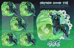 Size: 1000x650 | Tagged: safe, artist:dormin-dim, imported from derpibooru, queen chrysalis, oc, alicorn, changeling, changeling queen, earth pony, pegasus, pony, unicorn, cocoon, cocooning, commission, feed, feeding, female, love, ych example, ych result, your character here