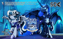 Size: 1024x635 | Tagged: safe, artist:dormin-dim, imported from derpibooru, nightmare moon, princess celestia, princess luna, oc, alicorn, earth pony, pegasus, pony, unicorn, armor, commission, night, night guard, night guard armor, royal guard, royal guard armor, royal sisters, royalty, siblings, sisters, ych example, ych result, your character here