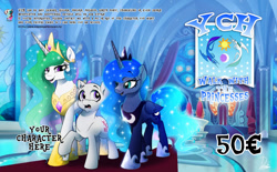 Size: 1024x635 | Tagged: safe, artist:dormin-dim, imported from derpibooru, princess celestia, princess luna, oc, alicorn, earth pony, pegasus, pony, unicorn, commission, royal sisters, royalty, siblings, sisters, throne, throne room, your character here