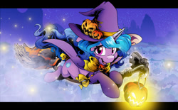 Size: 1024x635 | Tagged: safe, artist:dormin-dim, imported from derpibooru, izzy moonbow, pony, unicorn, spoiler:my little pony: a new generation, broom, clothes, commission, costume, flying, flying broomstick, g5, halloween, halloween costume, hat, holiday, jack-o-lantern, my little pony: a new generation, nightmare night, pumpkin, solo, witch, witch hat, ych result