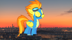 Size: 1920x1080 | Tagged: safe, artist:baumkuchenpony, artist:thegiantponyfan, imported from derpibooru, spitfire, pegasus, pony, beijing, china, clothes, female, giant pegasus, giant pony, giant/macro spitfire, giantess, goggles, highrise ponies, irl, macro, mare, mega giant, photo, ponies in real life, uniform, wonderbolts uniform