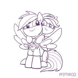 Size: 2048x2048 | Tagged: safe, artist:pfeffaroo, imported from derpibooru, rainbow dash, scootaloo, pegasus, pony, baseball cap, cap, clothes, duo, duo female, female, filly, foal, hat, high res, looking at each other, looking at someone, mare, monochrome, ponies riding ponies, rainbow dash's cutie mark, riding, scootaloo riding rainbow dash, scootalove, shirt, signature, simple background, sisterly love, sitting, smiling, spread wings, t-shirt, white background, wings