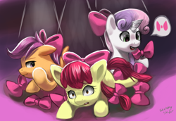 Size: 1276x876 | Tagged: safe, artist:moonseeker, imported from derpibooru, apple bloom, scootaloo, sweetie belle, earth pony, pegasus, pony, unicorn, accessory swap, apple bloom's bow, bow, cutie mark crusaders, ears back, female, filly, hair bow, pictogram, varying degrees of want