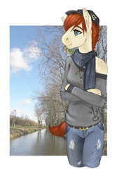 Size: 983x1475 | Tagged: safe, artist:royvdhel-art, imported from derpibooru, oc, oc only, anthro, earth pony, clothes, crossed arms, earth pony oc, hat, outdoors, pants, solo