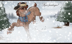Size: 3549x2207 | Tagged: safe, artist:royvdhel-art, imported from derpibooru, oc, oc only, earth pony, pony, clothes, earth pony oc, hat, high res, one eye closed, outdoors, scarf, snow, tree, wink