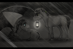 Size: 1600x1070 | Tagged: safe, artist:royvdhel-art, imported from derpibooru, oc, oc only, earth pony, pony, duo, earth pony oc, female, lantern, looking back, mare, mouth hold, rain