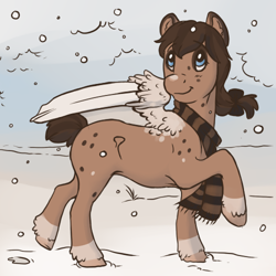 Size: 500x500 | Tagged: safe, artist:royvdhel-art, imported from derpibooru, oc, oc only, pegasus, pony, clothes, looking back, pegasus oc, raised hoof, scarf, smiling, snow, snowfall, solo, wings