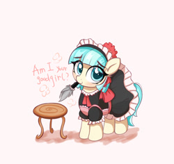 Size: 1564x1476 | Tagged: safe, artist:kqaii, imported from derpibooru, coco pommel, earth pony, pony, blushing, bronybait, clothes, cocobetes, cute, daaaaaaaaaaaw, dress, eye clipping through hair, eyebrows, eyebrows visible through hair, female, good girl, looking at you, maid, mouth hold, solo, watching, weapons-grade cute