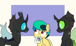 Size: 1471x887 | Tagged: safe, artist:icey, imported from derpibooru, oc, oc:apogee, oc:delta vee, oc:jet stream, changeling, pegasus, pony, feels, female, green changeling, male, mouth hold, photo, sad