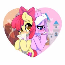 Size: 3000x3000 | Tagged: safe, artist:oofycolorful, artist:splashofsweet, imported from derpibooru, apple bloom, diamond tiara, earth pony, pony, adorabloom, base used, blushing, bow, castle, crying, cute, diamondbetes, diamondbloom, female, filly, foal, heart, high res, jewelry, lesbian, love letter, mare, ponytober, shipping, sweet apple acres, tiara