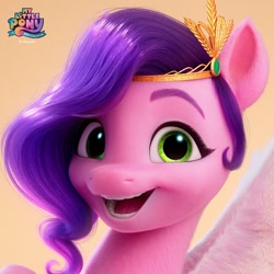 Size: 1080x1080 | Tagged: safe, imported from derpibooru, pipp petals, pegasus, pony, bust, close-up, eyebrows, female, g5, green eyes, looking at you, mare, my little pony: a new generation, my little pony: a new generation logo, open mouth, open smile, portrait, purple mane, smiling, solo, spread wings, wings