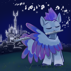Size: 2048x2048 | Tagged: safe, artist:pfeffaroo, imported from derpibooru, zipp storm, pegasus, pony, adorazipp, blowing flute, colored hooves, colored wings, cute, eyes closed, female, flute, g5, grass, high res, mare, music, music notes, musical instrument, my little pony: a new generation, night, outdoors, playing music, sitting, solo, wing hands, wing hold, wings, zephyr heights, zoom zephyrwing