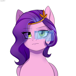 Size: 2200x2200 | Tagged: safe, artist:cottonaime, imported from derpibooru, pipp petals, pegasus, pony, bust, eye clipping through hair, eyebrows, eyebrows visible through hair, female, g5, high res, mare, my little pony: a new generation, purple mane, scouter, signature, simple background, solo, transparent background