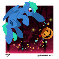 Size: 3000x3000 | Tagged: safe, artist:supermoix, imported from derpibooru, oc, oc only, pegasus, pony, candy, candy corn, commission, cute, floating, food, halloween, high res, holiday, jack-o-lantern, lollipop, pumpkin, simple background, solo, spooky, ych result