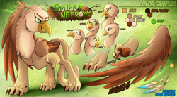 Size: 1750x967 | Tagged: safe, artist:jamescorck, imported from derpibooru, oc, oc only, oc:shatara, griffon, claws, female, open mouth, paw pads, paws, pointing, pointing down, reference sheet, solo