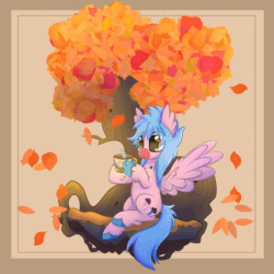 Size: 1200x1200 | Tagged: safe, artist:splashofsweet, imported from derpibooru, oc, oc only, oc:cyclone stormchaser, hippogriff, animated, autumn, commission, cute, featured image, gif, hippogriff oc, leaves, ocbetes, sitting, smiling, solo, spread wings, sweet dreams fuel, tree, wings, ych result