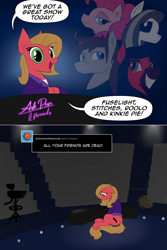 Size: 1067x1602 | Tagged: safe, artist:zoarvek, imported from derpibooru, pinkie pie, oc, oc:fuselight, oc:pun, oc:rollo, oc:stitches, pony, ask pun, ask, crying