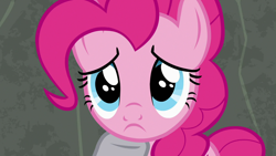 Size: 1280x720 | Tagged: safe, imported from derpibooru, screencap, maud pie, pinkie pie, earth pony, pony, rock solid friendship, season 7, cute, diapinkes, hoof on chin, offscreen character, sad, sadorable, solo