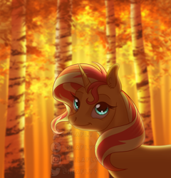 Size: 1838x1918 | Tagged: safe, artist:lilafly, imported from derpibooru, sunset shimmer, pony, unicorn, equestria girls, autumn, female, food, forest, mare, orange, solo, watermark