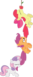 Size: 2000x4641 | Tagged: safe, artist:frownfactory, imported from derpibooru, apple bloom, scootaloo, sweetie belle, earth pony, pegasus, pony, unicorn, family appreciation day, apple, biting, blank flank, bow, cutie mark crusaders, eyes closed, female, filly, foal, food, gritted teeth, high res, horn, simple background, tail, tail bite, tail pull, transparent background, vector, wings