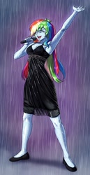 Size: 1310x2535 | Tagged: safe, artist:nairdags, imported from derpibooru, rainbow dash, equestria girls, bare shoulders, black dress, breasts, clothes, commissioner:ajnrules, dress, female, flats, little black dress, microphone, rain, rainbow dash always dresses in style, shoes, singing, sleeveless, solo, wet, wet clothes, wet dress