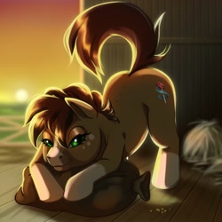 Size: 2000x2000 | Tagged: safe, artist:thechris, imported from derpibooru, oc, oc only, earth pony, pony, advertisement, butt, coat markings, commission, cute, face down ass up, female, freckles, green eyes, high res, hooves, jack-o challenge, lidded eyes, looking at you, meme, plot, raised tail, simple background, sky, smiling, smirk, socks (coat markings), solo, tail, ych example, ych result, ych sketch, your character here