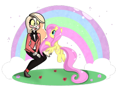 Size: 800x600 | Tagged: safe, artist:queenbluestar, imported from derpibooru, fluttershy, demon, pegasus, pony, blushing, bowtie, charlie morningstar, clothes, cloud, crossed arms, crossover, crouching, fangs, female, flower, flying, hazbin hotel, long mane, looking at each other, open mouth, open smile, pants, rainbow, shoes, simple background, smiling, standing, standing on one leg, suit, teeth, transparent background, tuxedo, yellow sclera