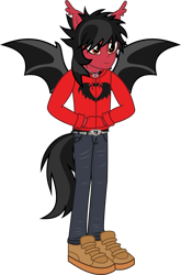 Size: 1900x2889 | Tagged: safe, artist:lightningbolt, derpibooru exclusive, imported from derpibooru, human, equestria girls, .svg available, bat wings, belt, clandestine industries, clothes, ear fluff, equestria girls-ified, eyeliner, fall out boy, hand in pocket, happy, hoodie, humanized, jeans, jewelry, makeup, male, necklace, pants, pete wentz, ponied up, shirt, shoes, show accurate, simple background, smiling, solo, spread wings, standing, svg, tail, tailed humanization, transparent background, undershirt, vector, wings