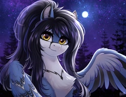 Size: 3000x2310 | Tagged: safe, artist:hakaina, imported from derpibooru, oc, oc only, pegasus, pony, chest fluff, forest, high res, moon, sky, solo, stars