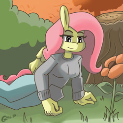 Size: 1280x1280 | Tagged: safe, artist:genericmlp, imported from derpibooru, fluttershy, anthro, clothes, pants, solo, sweater