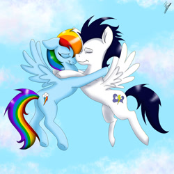 Size: 1280x1280 | Tagged: safe, artist:amandascxd, imported from derpibooru, rainbow dash, soarin', pegasus, pony, butt, duo, female, flying, hug, male, plot, shipping, soarindash, straight