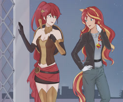 Size: 1024x847 | Tagged: safe, artist:seshirukun, imported from derpibooru, sunset shimmer, human, fanfic:sapr, equestria girls, bare shoulders, breasts, cleavage, clothes, crossover, duo, evening gloves, female, gloves, jacket, jeans, leather jacket, long gloves, pants, ponied up, pyrrha, rwby, sleeveless, strapless