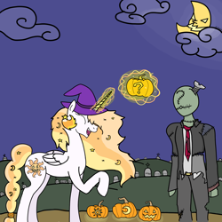 Size: 2000x2000 | Tagged: safe, artist:notawriteranon, imported from derpibooru, princess celestia, oc, oc:anon, undead, zombie, /sun/, glowing, glowing horn, gravestone, graveyard, halloween, hat, high res, holiday, horn, jack-o-lantern, magic, moon, nightmare night, pumpkin, raised hoof, telekinesis, witch hat