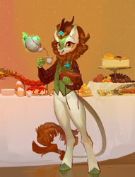 Size: 3000x3930 | Tagged: safe, artist:yanisfucker, imported from derpibooru, autumn blaze, anthro, kirin, unguligrade anthro, apple, bipedal, bottomless, burger, cake, clothes, cup, cupcake, female, food, hay burger, high res, looking at you, partial nudity, pouring, present, solo, table, tea, teacup, teapot, vest