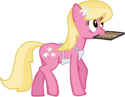 Size: 694x541 | Tagged: safe, artist:azgchip, imported from derpibooru, lily, lily valley, earth pony, pony, apron, clothes, cookie, female, food, mouth hold, simple background, solo, transparent background