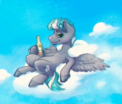 Size: 779x670 | Tagged: safe, artist:kovoranu, imported from derpibooru, oc, oc only, pegasus, pony, bottle, cloud, colored hooves, lidded eyes, male, relaxing, solo, spread wings, stallion, wings