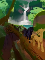 Size: 1620x2160 | Tagged: safe, artist:yanisfucker, imported from derpibooru, oc, oc only, bat pony, bat pony unicorn, earth pony, hybrid, pony, unicorn, bat pony oc, forest, horn, lake, ponytail, sketch, waterfall