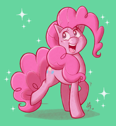 Size: 1692x1828 | Tagged: safe, artist:saggiemimms, imported from derpibooru, pinkie pie, earth pony, pony, female, green background, looking up, mare, open mouth, simple background, solo, sparkles