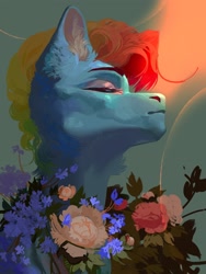 Size: 1620x2160 | Tagged: safe, artist:yanisfucker, imported from derpibooru, rainbow dash, pony, abstract background, alternate hairstyle, bust, eyes closed, eyeshadow, female, flower, low angle, makeup, mare, portrait, solo