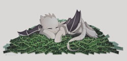 Size: 2401x1164 | Tagged: source needed, safe, artist:floweryoutoday, imported from derpibooru, oc, oc only, oc:llvm, dracony, dragon, hybrid, female, gray background, hoarding, llvm, random access memory, simple background, sleeping