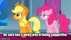 Size: 360x202 | Tagged: safe, imported from derpibooru, screencap, applejack, pinkie pie, earth pony, pony, season 9, the beginning of the end, spoiler:s09, animated, gif, imgflip, text