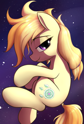Size: 3000x4421 | Tagged: safe, artist:whiskeypanda, imported from derpibooru, oc, oc only, oc:safe haven, pony, cutie mark, floating, hair, looking at you, smiling, smiling at you, solo, space, tail, yellow hair, yellow tail, zero gravity