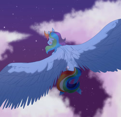 Size: 1280x1234 | Tagged: safe, artist:softiesuns, imported from derpibooru, rainbow dash, pegasus, pony, cloud, facing away, female, flying, from above, night, sky, solo, spread wings, stars, tongue out, wings