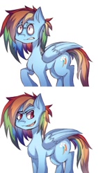 Size: 626x1113 | Tagged: safe, artist:inxinfate, imported from derpibooru, rainbow dash, pegasus, pony, chest fluff, female, folded wings, mare, multicolored hair, multicolored mane, open mouth, open smile, rainbow hair, rainbow tail, raised hoof, scared, simple background, smiling, solo, standing, tail, white background, wings