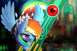 Size: 3000x2000 | Tagged: safe, artist:thebatfang, imported from derpibooru, rainbow dash, pegasus, pony, cloudbank, crossover, female, flying, high res, looking at someone, mare, multicolored hair, purple eyes, rainbow hair, rainbow tail, solo, spread wings, sword, tail, transistor, video game crossover, weapon, wings