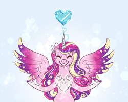 Size: 1500x1200 | Tagged: safe, artist:miyathegoldenflower, imported from derpibooru, princess cadance, alicorn, pony, chest fluff, crystal heart, eyes closed, female, solo, spread wings, wings