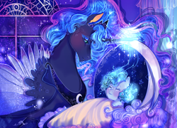 Size: 1500x1080 | Tagged: safe, artist:bunnari, imported from derpibooru, princess luna, oc, pony, unicorn, cot, duo, eyeshadow, female, filly, glowing, glowing horn, horn, indoors, magic, makeup, mare